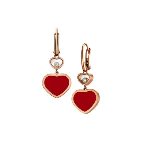 Chopard Happy Hearts Ohrringe, Ethisches Roségold, Diamanten, Roter Stein – Einsicht
