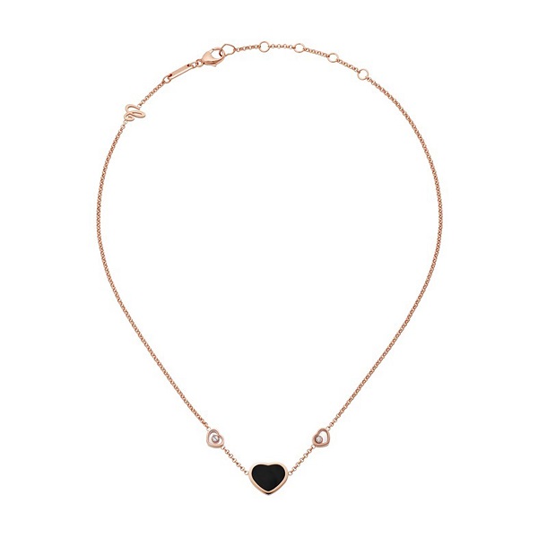 Chopard Happy Hearts Halskette, Ethisches Roségold, Diamanten, Onyx – Front